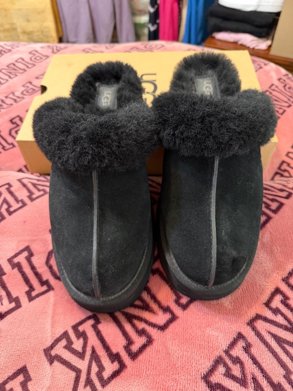 UGG Black Suede Shearling Mule Slippers for Women